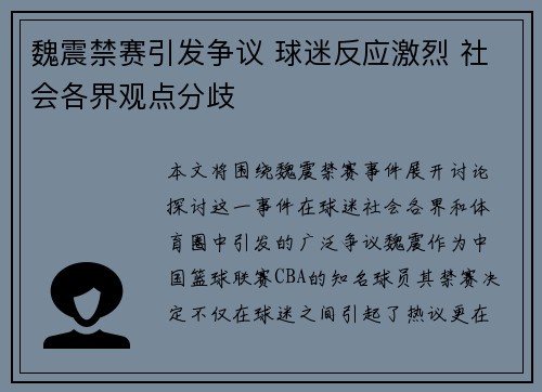 魏震禁赛引发争议 球迷反应激烈 社会各界观点分歧