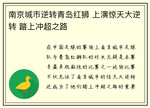 南京城市逆转青岛红狮 上演惊天大逆转 踏上冲超之路