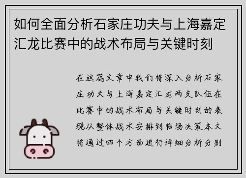 如何全面分析石家庄功夫与上海嘉定汇龙比赛中的战术布局与关键时刻
